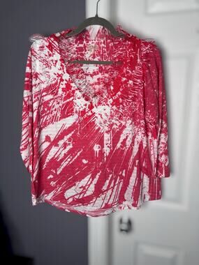 Atelier 5 Red White Textured Print Fringe V Neck Top Large